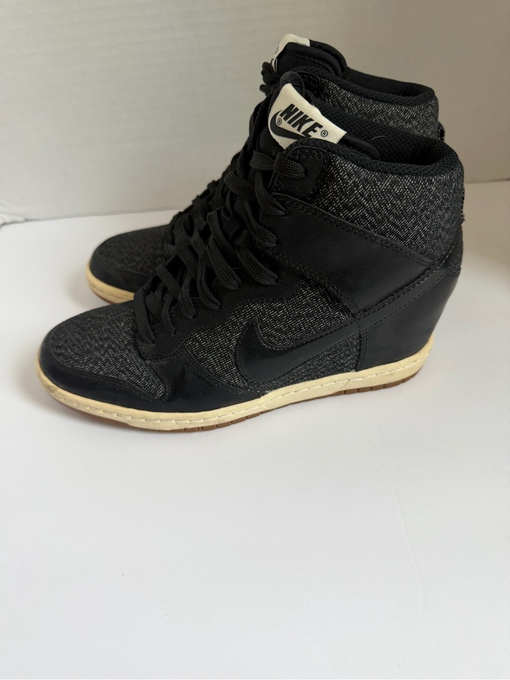 Nike Women's Black and Cream High-Top Wedge Sneakers